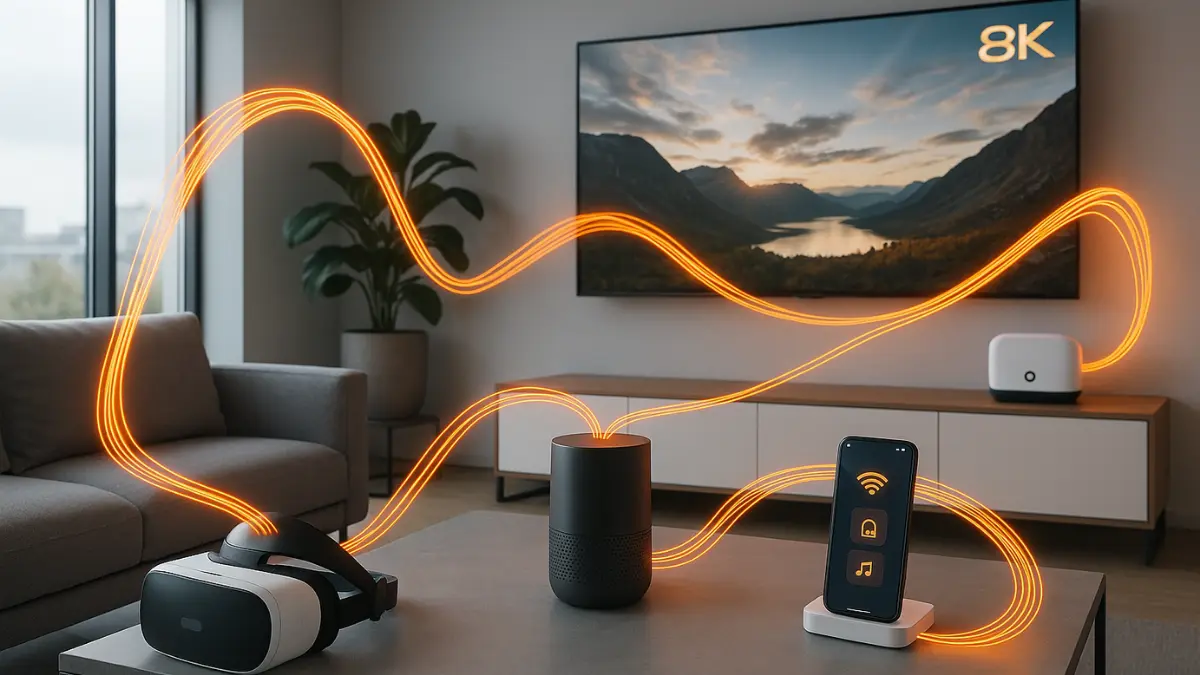 Wohnzimmer mit VR-Brille, Smart Speaker, Smartphone und 8K-Fernseher, verbunden durch leuchtende Datenströme.