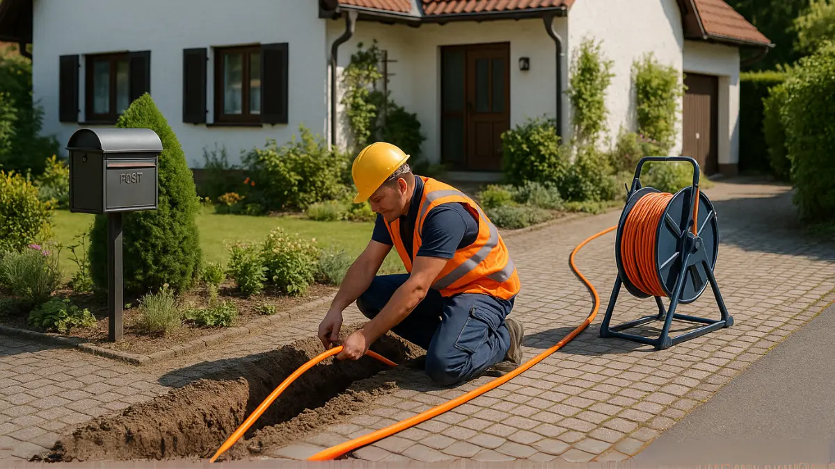 Glasfaseranschluss wird vor einem Haus verlegt – Bauarbeiter installiert FTTH-Kabel für schnelles Internet.