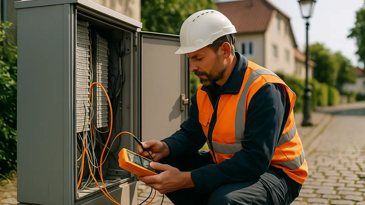 Techniker prüft Kabel im Straßenverteilerkasten.