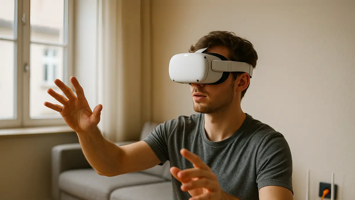 Mann mit Virtual-Reality-Brille nutzt moderne Technik.
