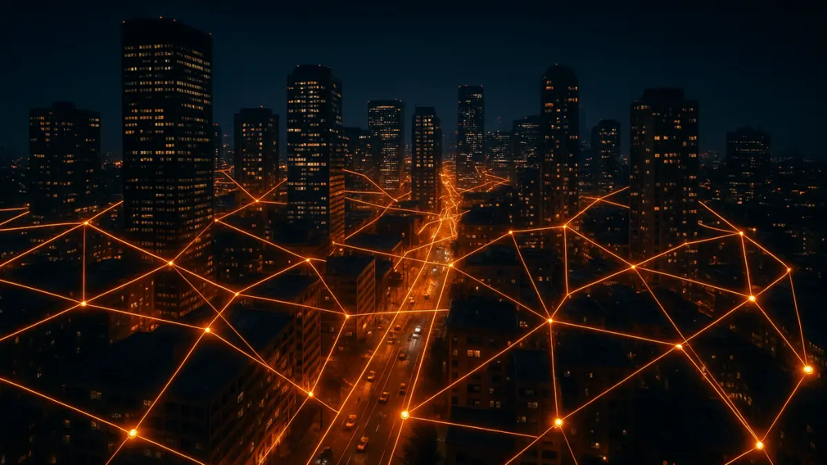 Visualisierung von Datenübertragung über ein Stadtnetz.