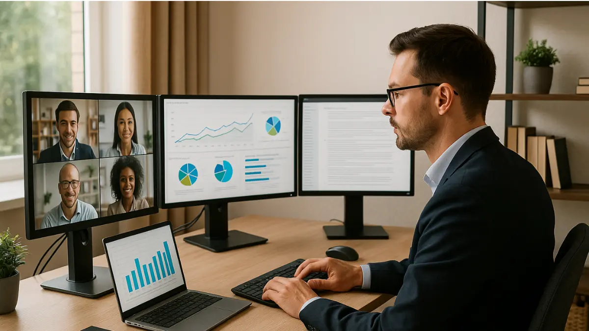 Mann im Anzug arbeitet im Homeoffice am Laptop mit Monitor.