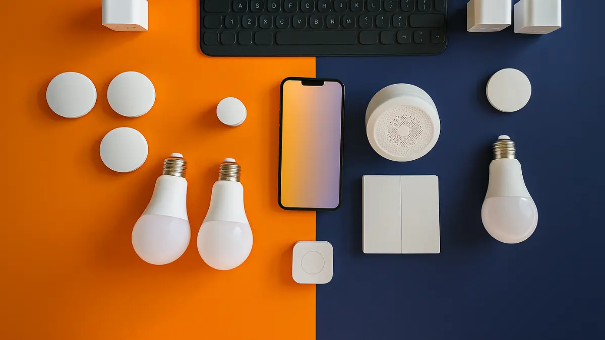 Smarthome-Geräte wie Glühbirnen, Steckdosen und Sensoren auf einem Tisch