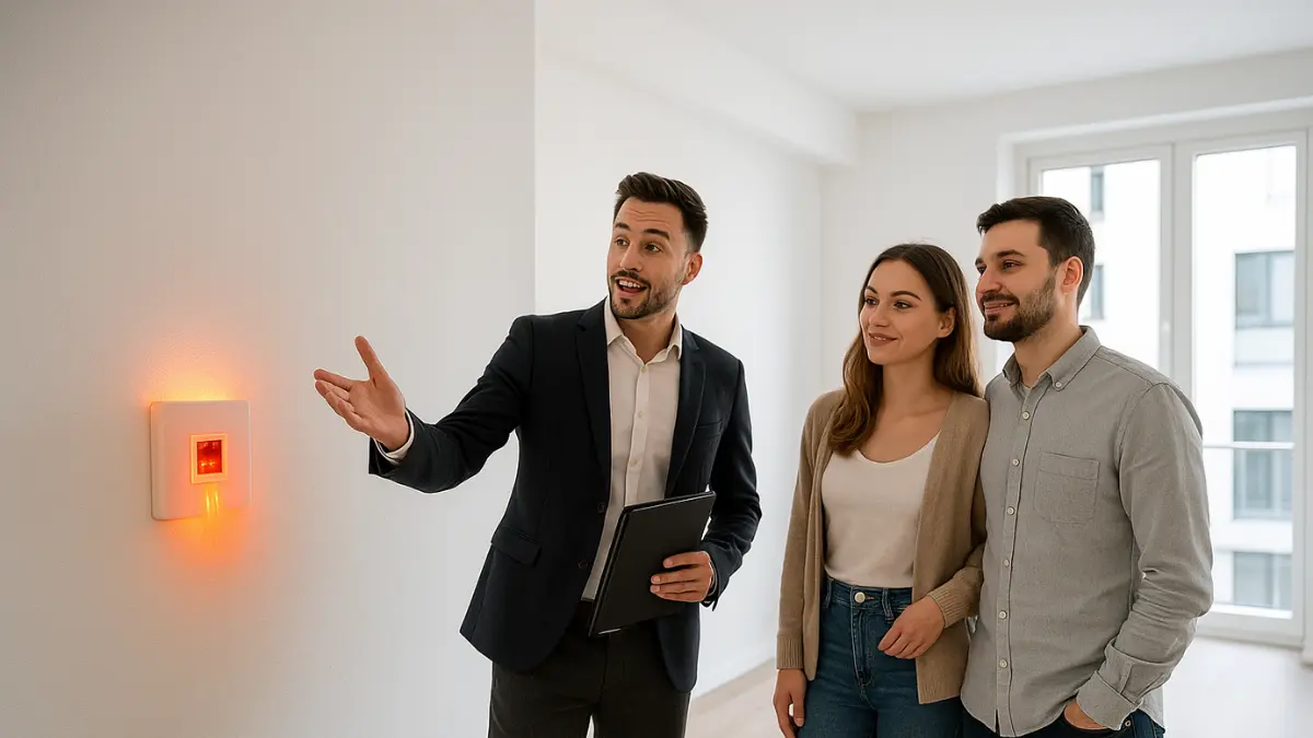 Mann zeigt auf Glasfaseranschluss an der Wand.