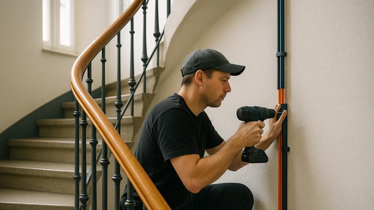Handwerker installiert Glasfaseranschluss an einer Wand.