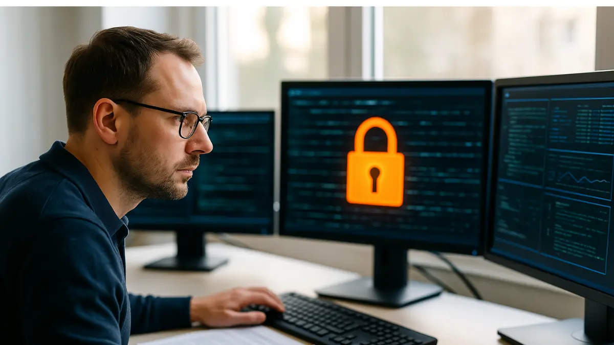 Mann arbeitet am Computer mit Sicherheitssymbol auf dem Bildschirm.