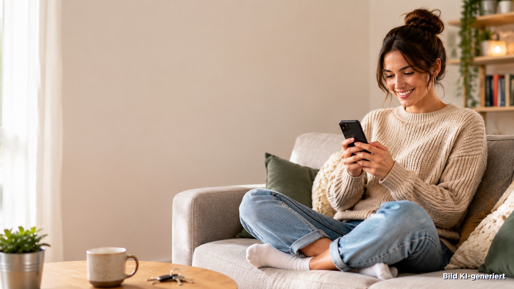 Frau sitzt lächelnd auf dem Sofa und nutzt ihr Smartphone.