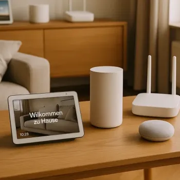 Smart-Home-Geräte und Router auf einem Wohnzimmertisch mit Tablet und WLAN-Router.