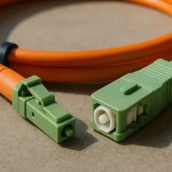  Orangefarbenes Glasfaser Kabel auf Tisch.
