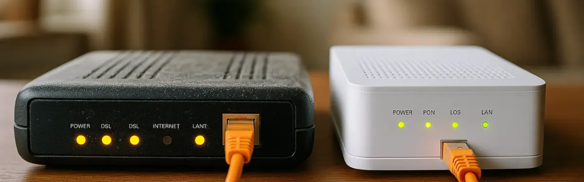 Alter schwarzer DSL-Router neben modernem weißen Glasfaser-Router mit angeschlossenen Netzwerkkabeln.