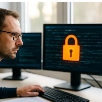 Mann arbeitet am Computer mit Sicherheitssymbol auf dem Bildschirm.