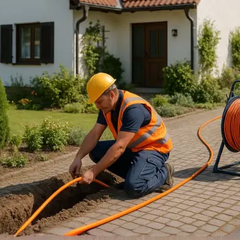 Glasfaseranschluss wird vor einem Haus verlegt – Bauarbeiter installiert FTTH-Kabel für schnelles Internet.
