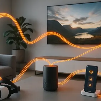 Wohnzimmer mit VR-Brille, Smart Speaker, Smartphone und 8K-Fernseher, verbunden durch leuchtende Datenströme.