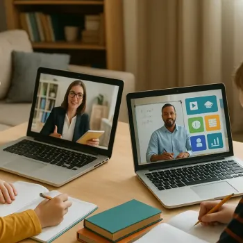 Frau sitzt am Schreibtisch und arbeitet am Laptop im Online-Unterricht.