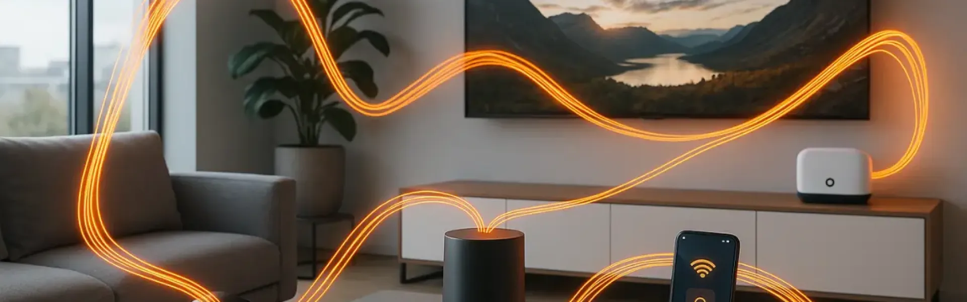 Wohnzimmer mit vernetzten Geräten wie VR-Brille, Smart Speaker, Smartphone und 8K-Fernseher, verbunden durch leuchtende Datenströme.