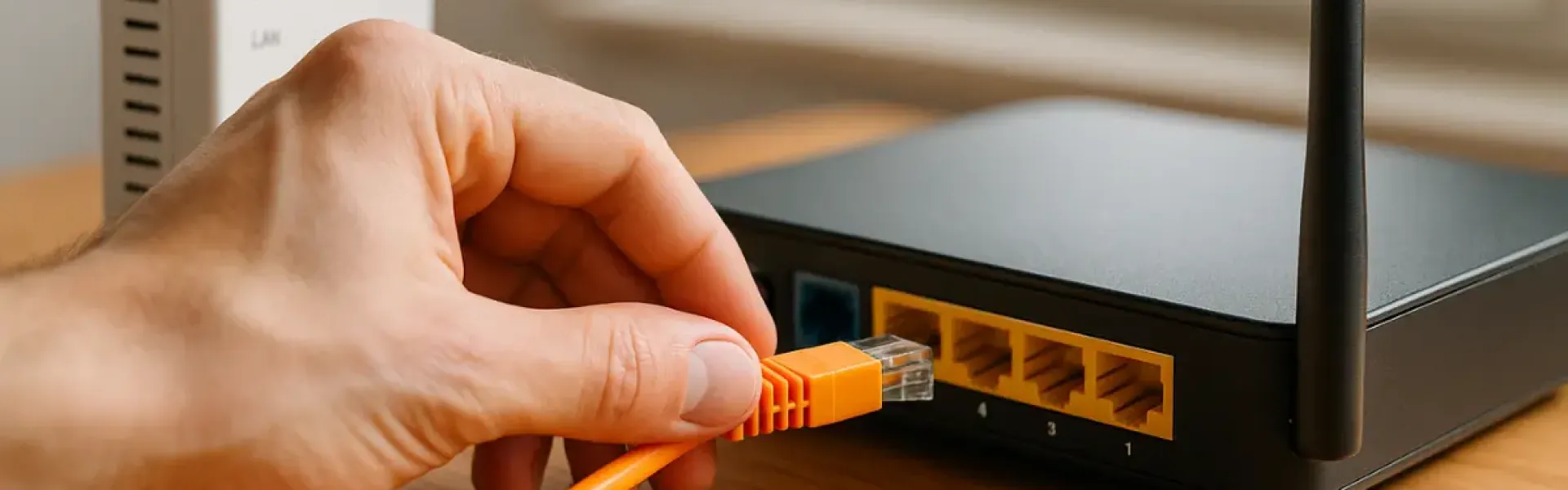 Hand steckt ein orangefarbenes Netzwerkkabel in einen Router, daneben steht ein Glasfasermodem.