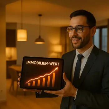 Geschäftsmann hält ein Schild mit dem Wort „Immobilienwert