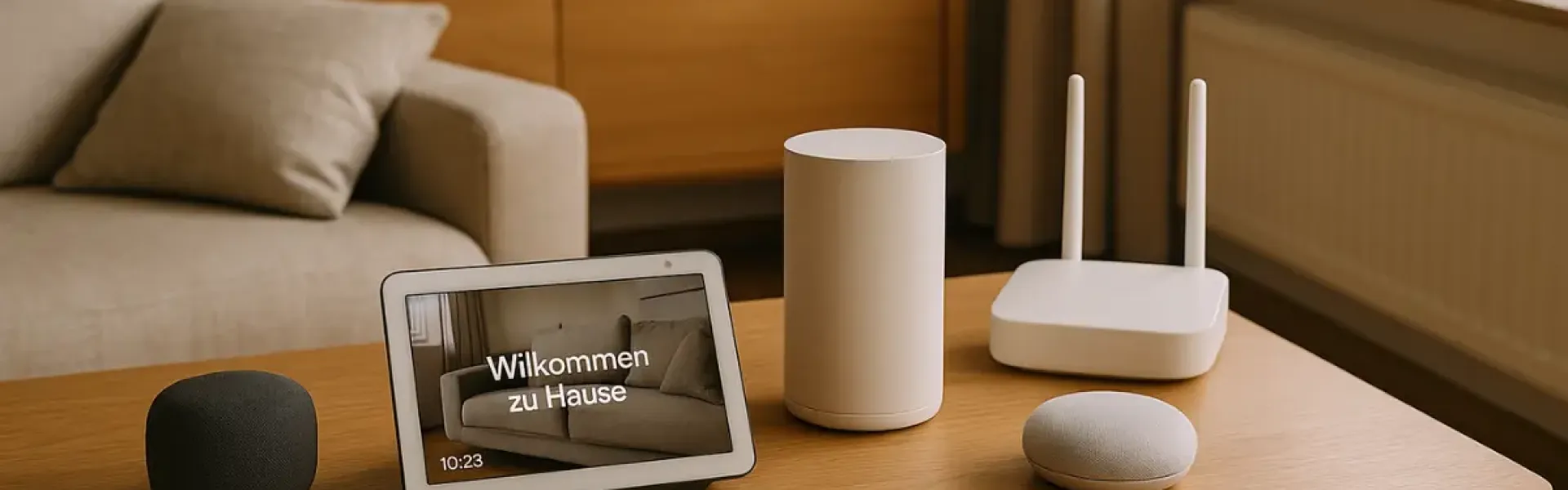 Smart-Home-Geräte und Router stehen auf einem Wohnzimmertisch, ein Display zeigt Willkommen zu Hause.
