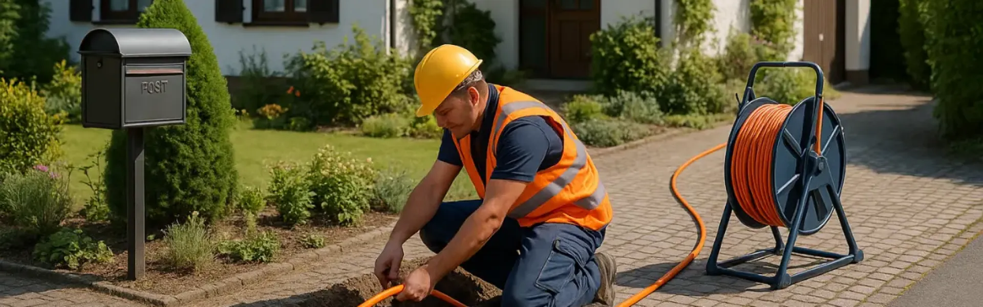 Arbeiter mit Schutzweste und Helm verlegt ein orangefarbenes Kabel in einem Graben vor einem Haus.