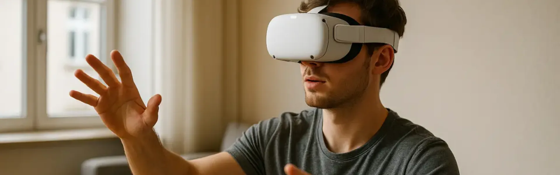 Junger Mann mit VR-Brille spielt in einem Wohnzimmer, im Hintergrund ein Router mit angeschlossenem Kabel.