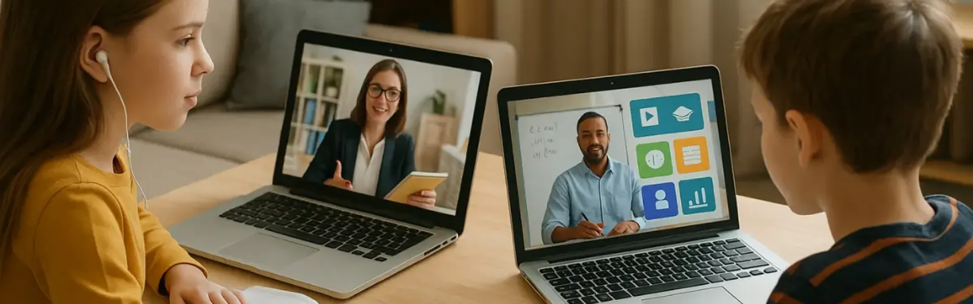 Zwei Kinder lernen mit Laptops im Online-Unterricht und schreiben in ihre Hefte.