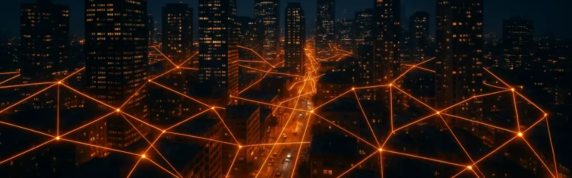 Großstadt bei Nacht mit leuchtendem Netzwerk aus verbundenen Linien und Knotenpunkten.