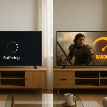 Glasfaser vs. Kabel – Fernseher zeigt Ladezeichen beim Streamen.