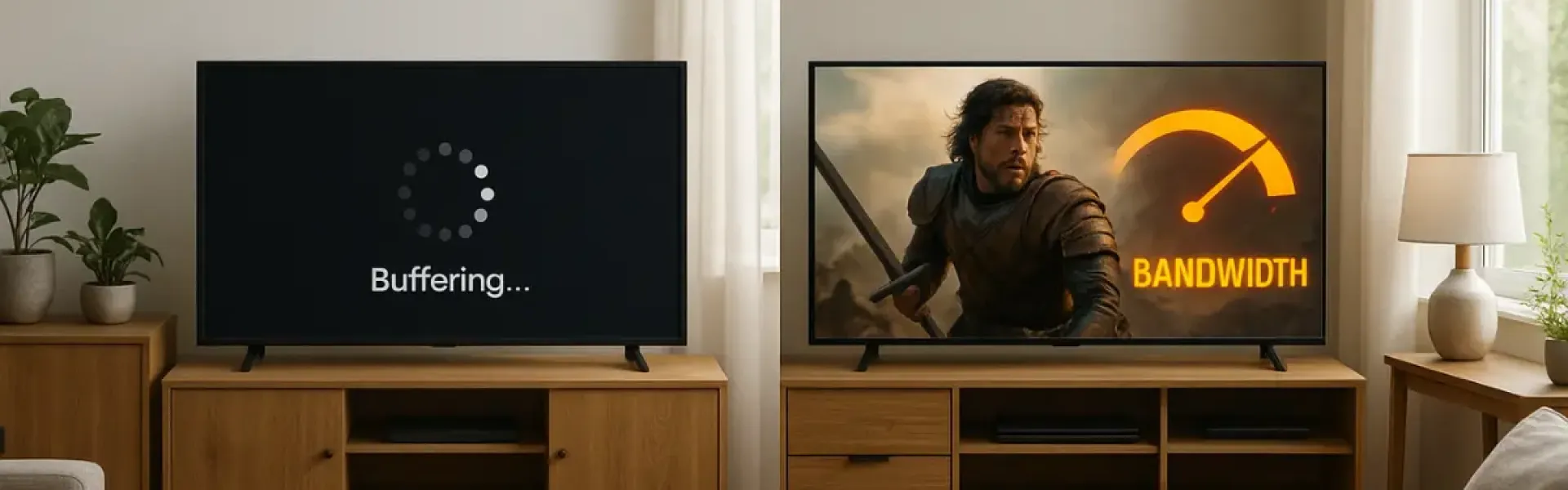 Vergleich zweier Fernseher, links mit Buffering-Symbol, rechts mit flüssiger Wiedergabe und Bandwidth-Anzeige.