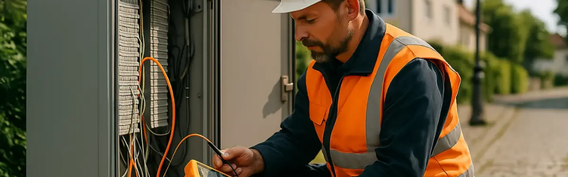 Techniker mit Helm und Warnweste prüft mit einem Messgerät die Verkabelung in einem Straßenverteilerkasten.