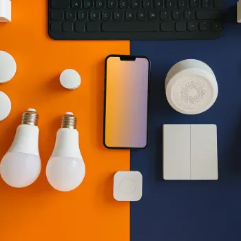 Smarthome-Geräte wie Glühbirnen, Steckdosen und Sensoren auf einem Tisch
