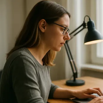Frau arbeitet konzentriert am Laptop im Homeoffice.