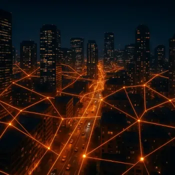 Visualisierung von Datenübertragung über ein Stadtnetz.