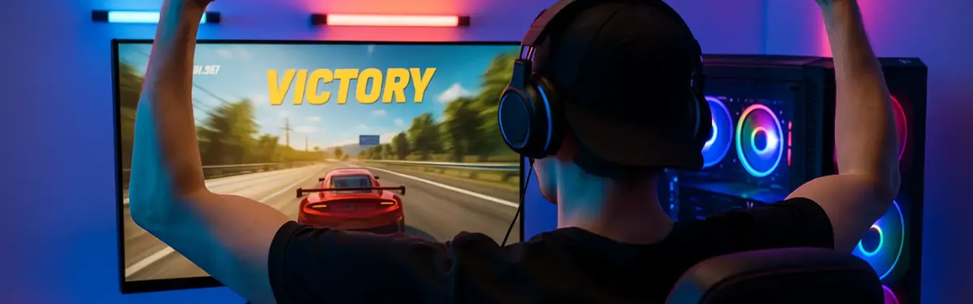 Junger Gamer jubelt vor einem Bildschirm mit dem Schriftzug Victory nach einem Rennspiel-Sieg.