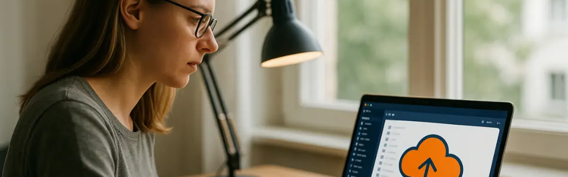 Frau arbeitet am Laptop mit geöffneter Cloud-Upload-Anwendung.