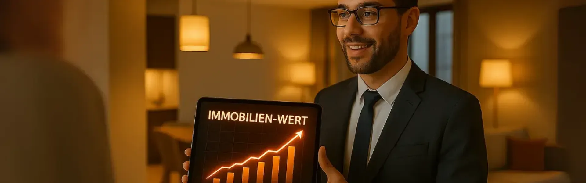 Makler im Anzug hält ein Tablet mit aufsteigender Immobilien-Wert-Grafik.