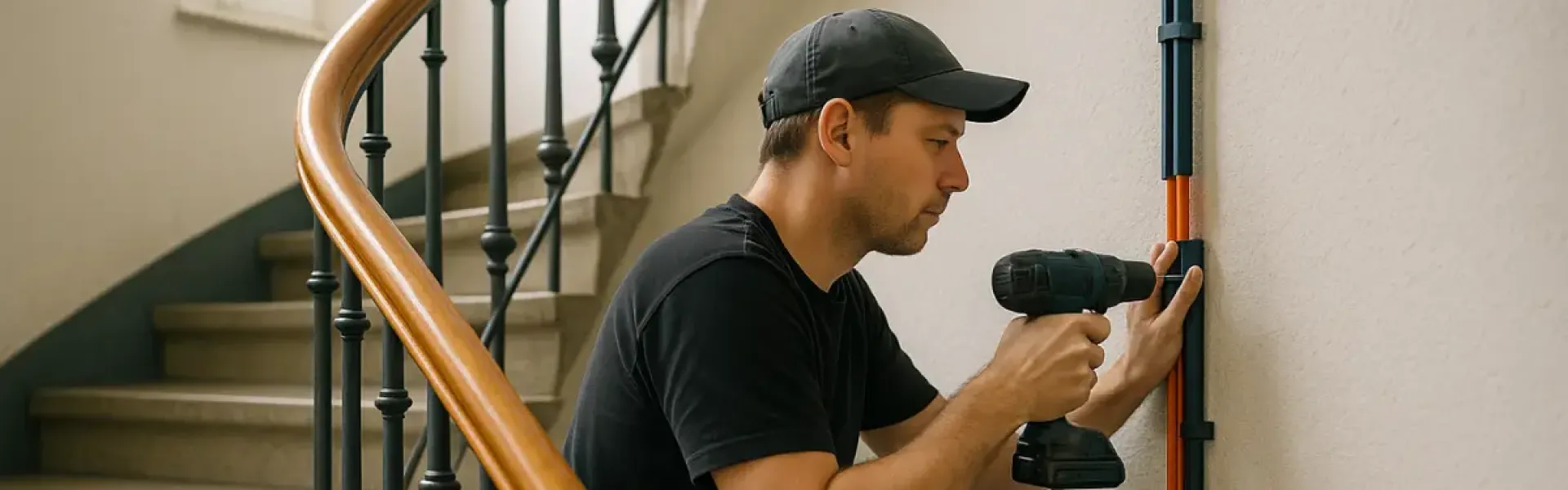 Handwerker befestigt mit einer Bohrmaschine Kabel an der Wand in einem Treppenhaus.