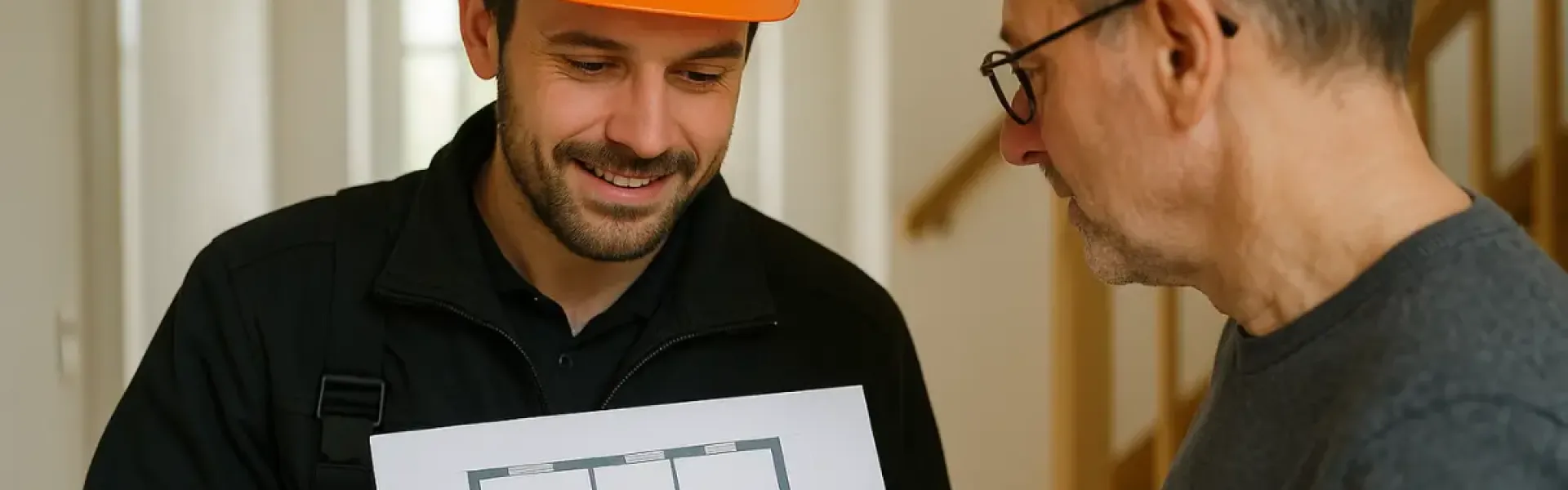 Handwerker mit Helm zeigt einem Mann einen Bauplan und erklärt die Details.