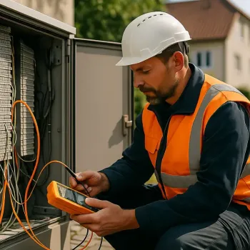 Techniker prüft Kabel im Straßenverteilerkasten.