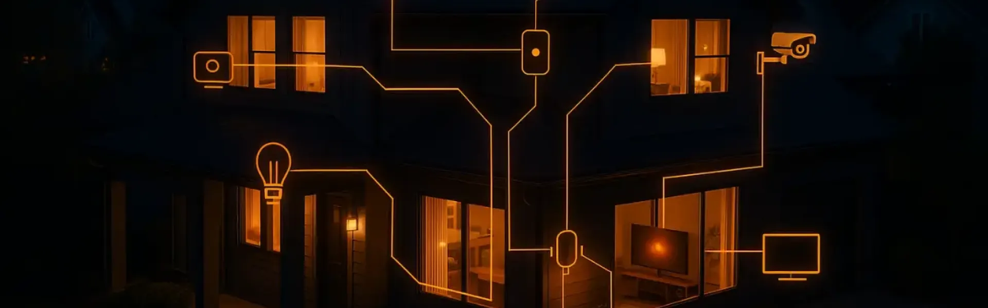 Smart-Home-Diagramm mit leuchtenden Symbolen für vernetzte Geräte vor einem beleuchteten Haus bei Nacht.