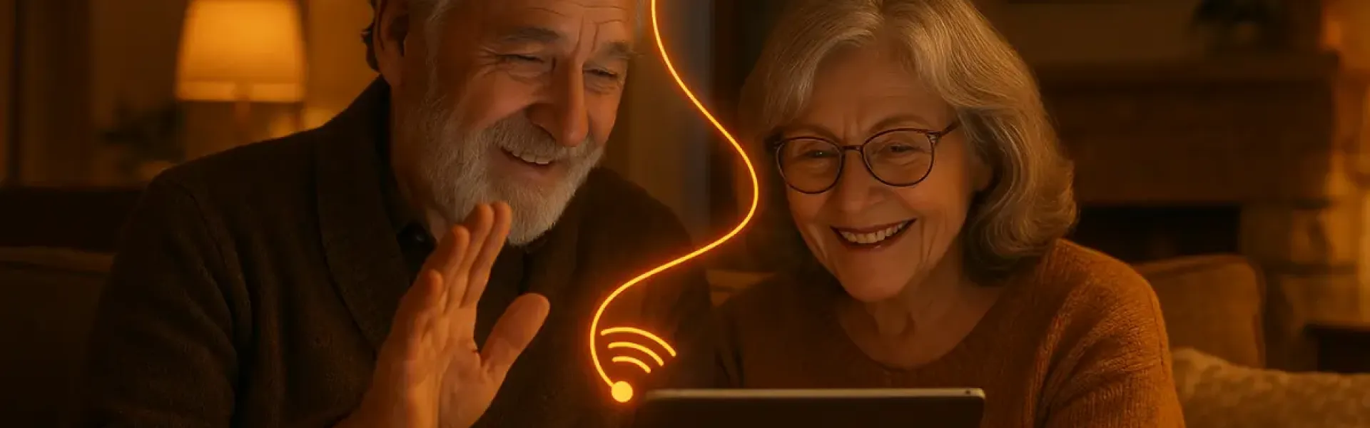 Älteres Paar lächelt und winkt während eines Videoanrufs auf einem Tablet mit angedeutetem WLAN-Symbol.