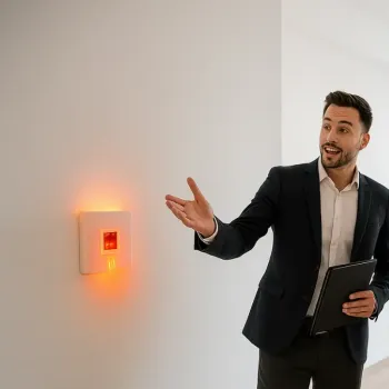 Mann zeigt auf Glasfaseranschluss an der Wand.