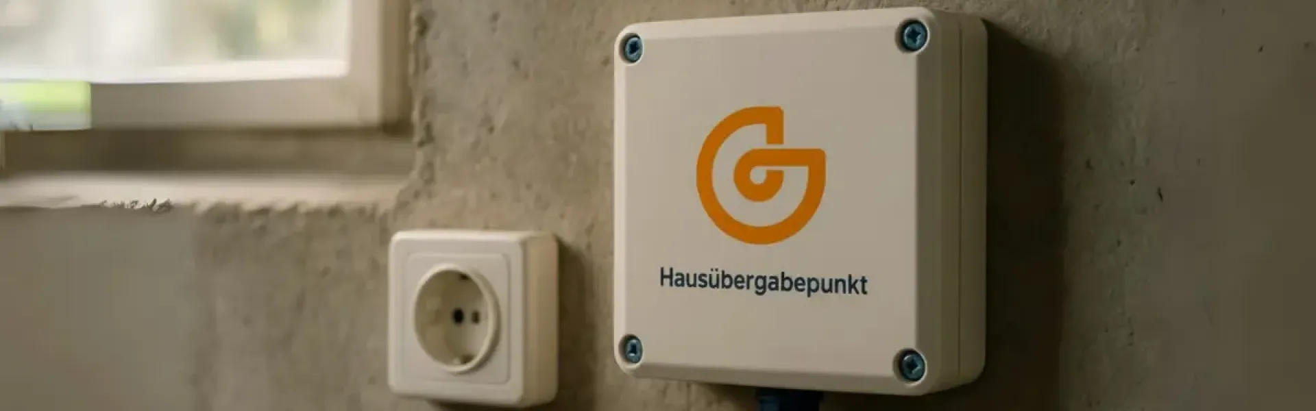 Hausübergabepunkt für Glasfaser mit angeschlossenem orangefarbenem Kabel neben einer Steckdose.