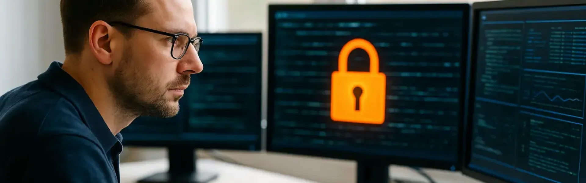 Mann sitzt an drei Monitoren, einer zeigt ein leuchtendes Schloss-Symbol für IT-Sicherheit.