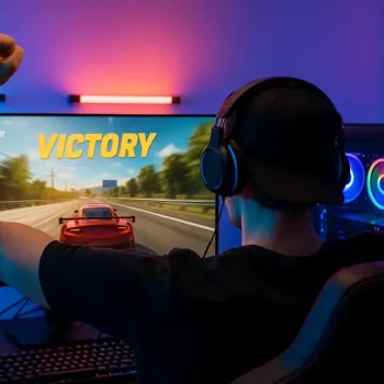Gamer am Computer mit Victory-Meldung auf dem Bildschirm.